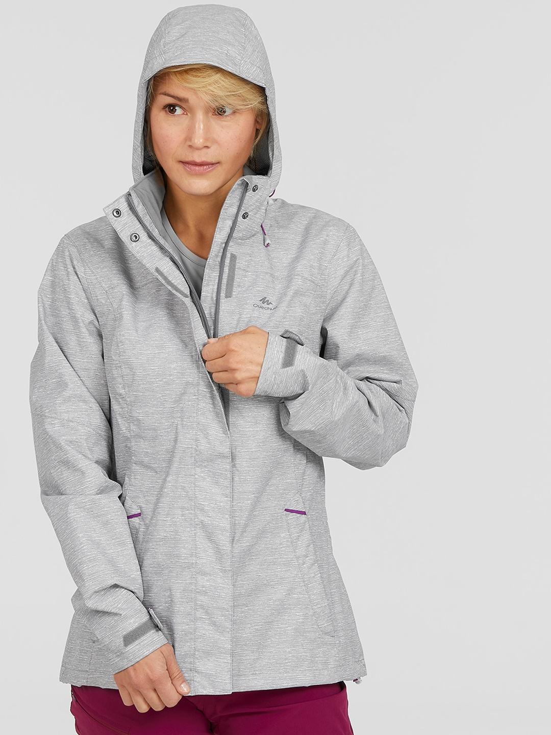 

Quechua By Decathlon Women Full-Zip Multi-Pocket Waterproof Rain Jacket, Grey