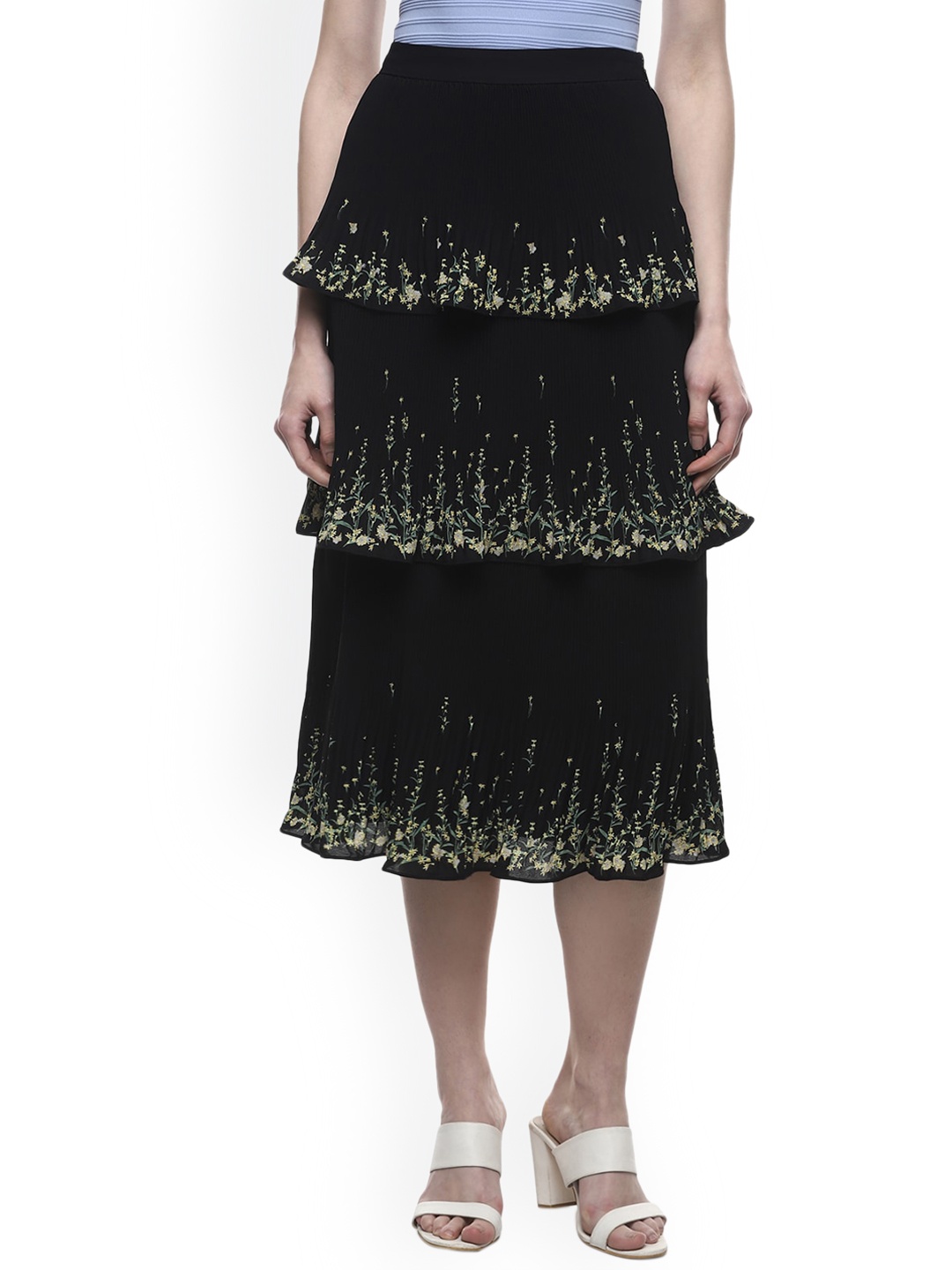 

Ted Baker Women Black Printed Midi Tiered Pure Cotton Skirt