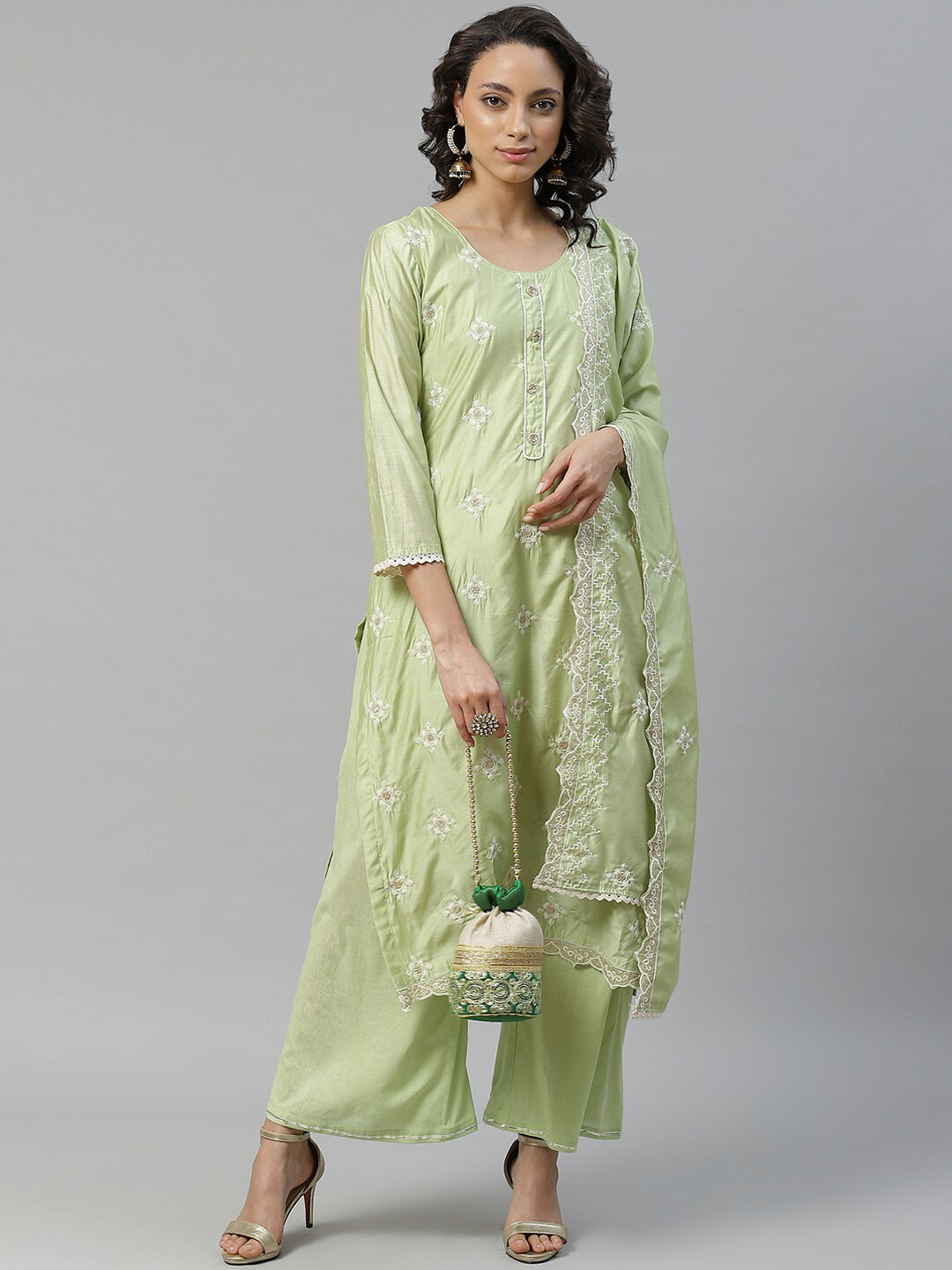 

Chhabra 555 Women Green Floral Embroidered Thread Work Kurta with Palazzos & Dupatta
