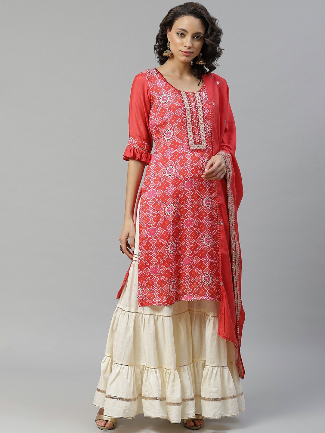

Chhabra 555 Women Coral Ethnic Motifs Embroidered Kurta with Sharara & Dupatta