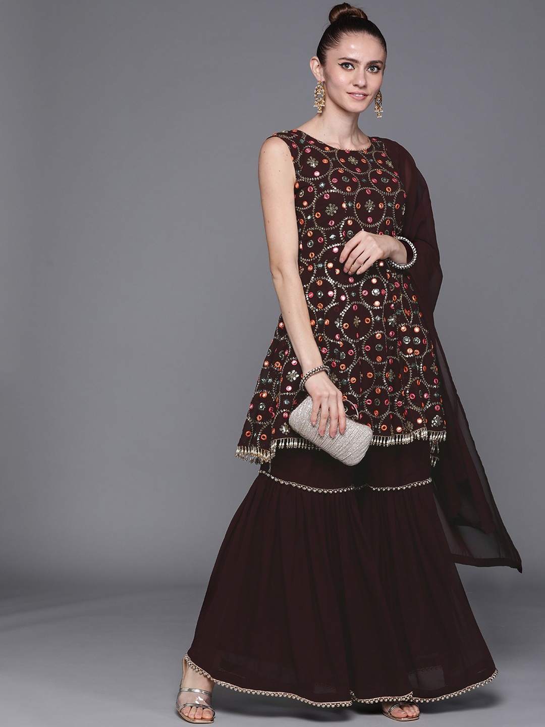 

Chhabra 555 Women Burgundy Embroidered Mirror Work Kurta with Sharara & Dupatta