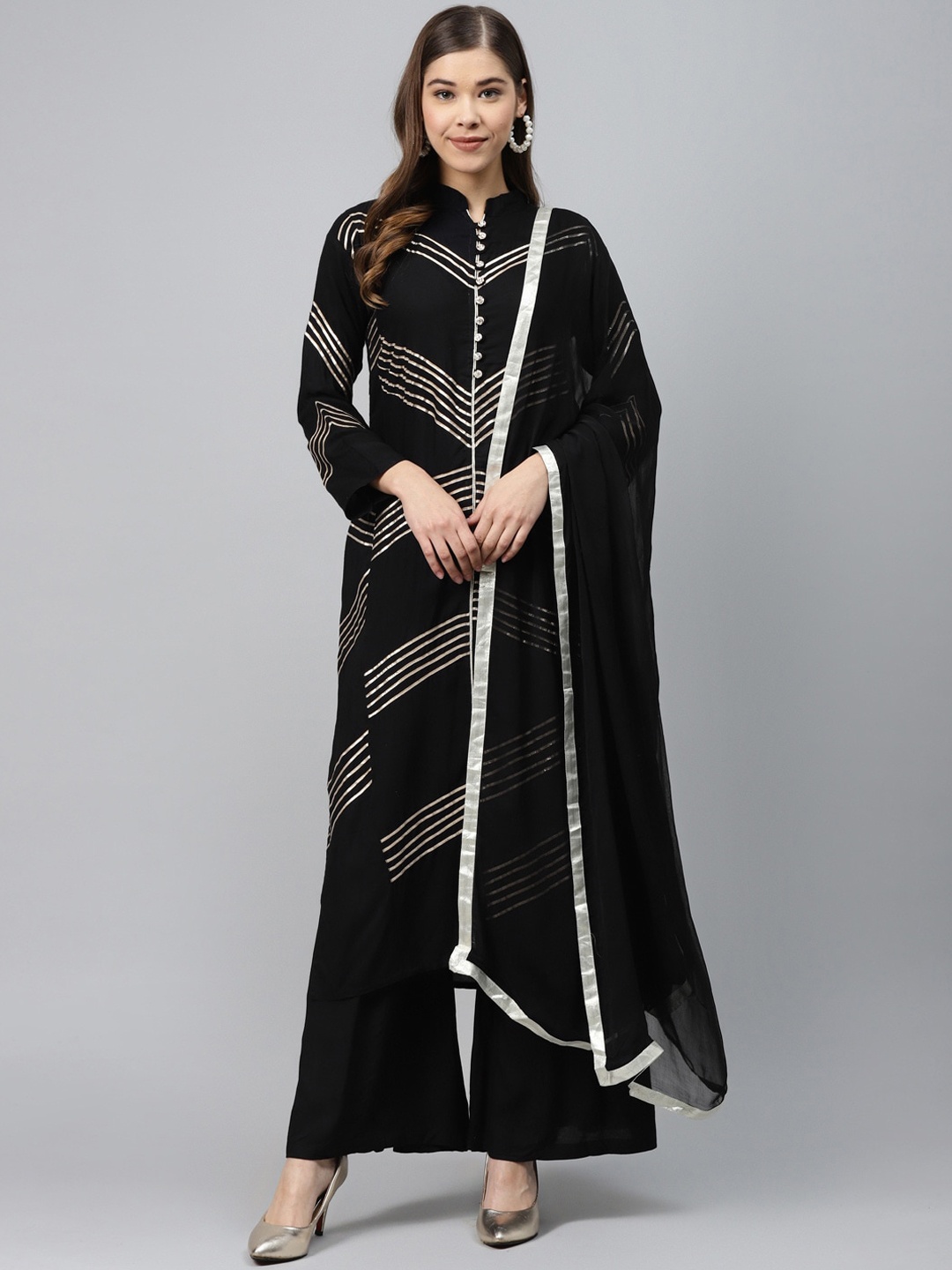 

Chhabra 555 Women Black Panelled Gotta Patti Kurta with Palazzos & With Dupatta