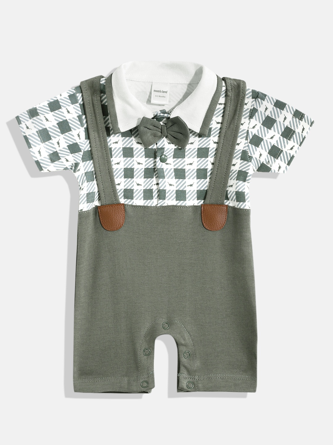 

Moms Love Infant Boys Olive Green & White Checked Pure Cotton Rompers