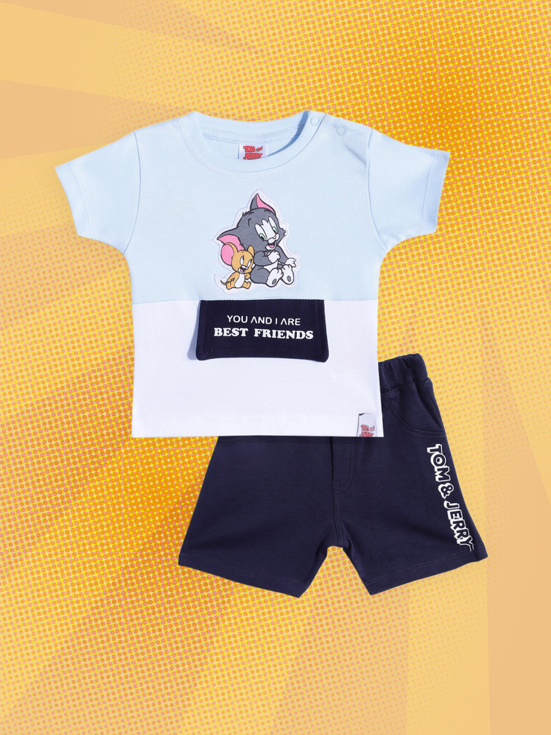

Moms Love Infant Boy Blue & White Colourblocked Tom & Jerry Applique Cotton Tshirt & Short