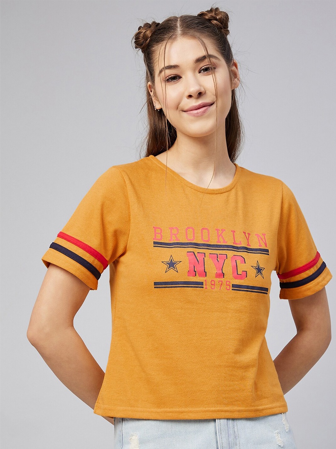 

Vvoguish Woman Yellow Typography Printed Crop Top