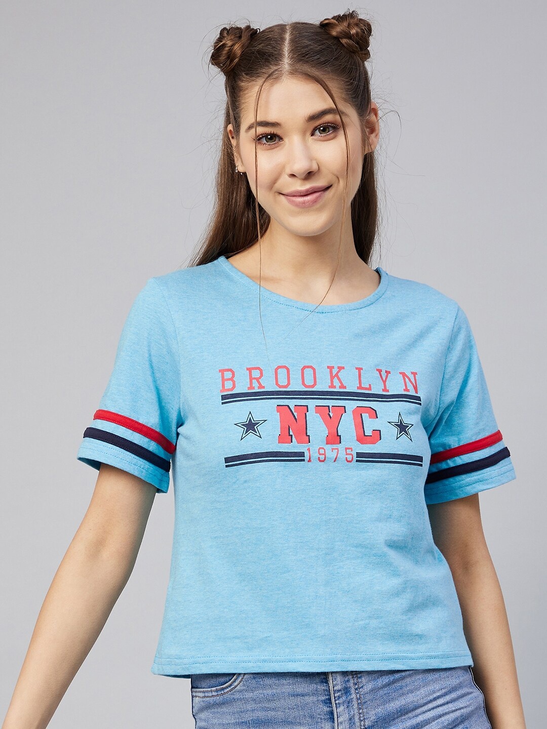 

Vvoguish Blue & Red Typography Printed Cotton Crop Boxy Top