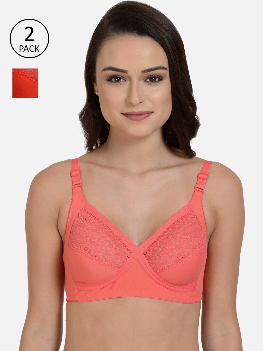 

mod & shy Red & Coral Pack Of 2 Self Design Non Padded Bra