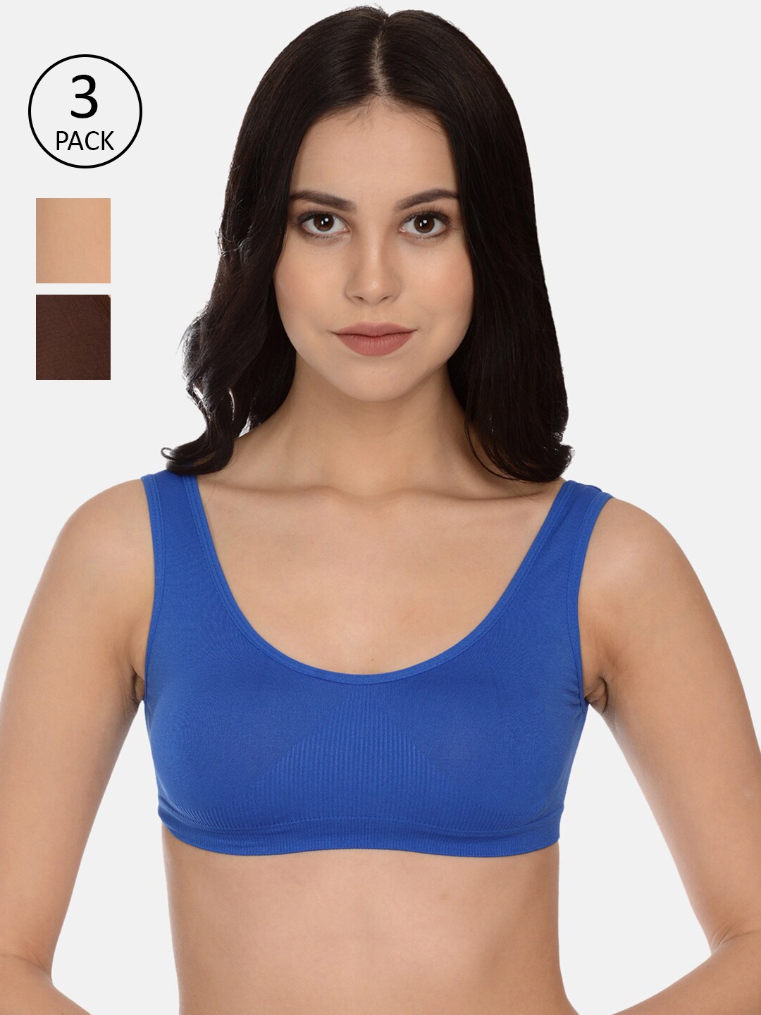 

mod & shy Brown Blue & Beige Pack of 3 Non-Wired Non Padded Bralette Bra