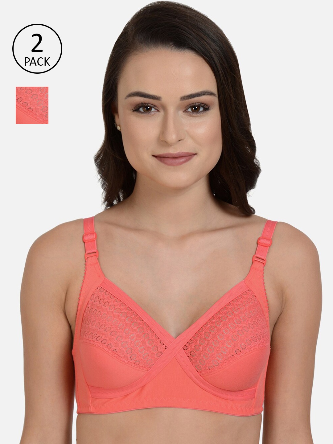 

mod & shy Coral Self Design Non Padded Everyday Lace Bra Set Of 2
