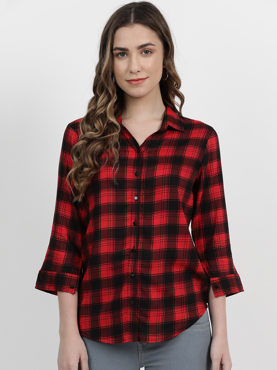 

V2 Value & Variety Women Red Buffalo Checks Checked Casual Shirt