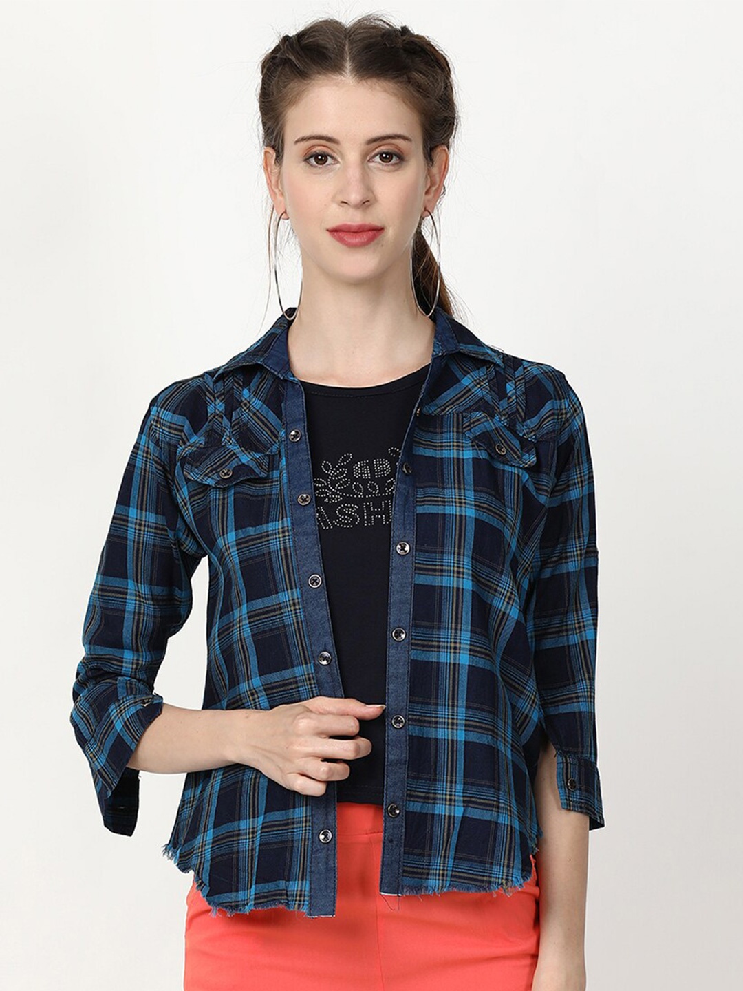 

V2 Value & Variety Women Blue Tartan Checks Checked Casual Shirt