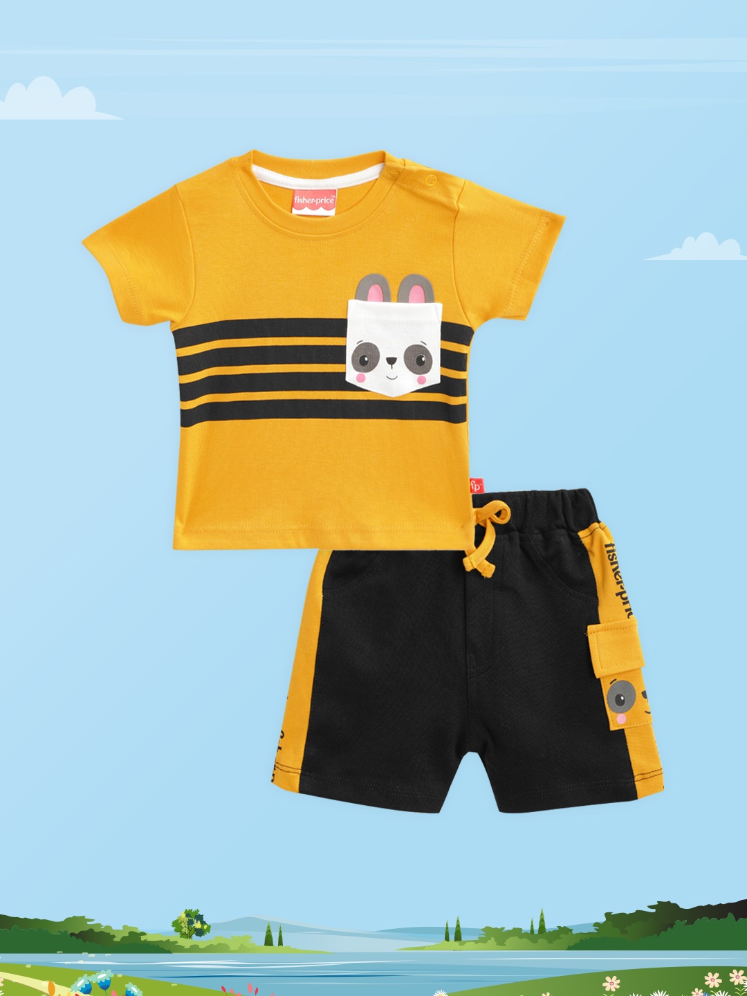 

Fisher Price X Moms Love Infant Boys Mustard Yellow & Black Cotton T-shirt with Shorts