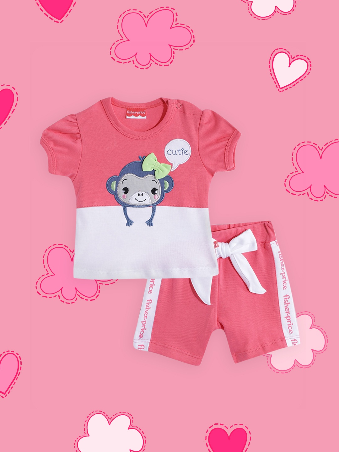 

Fisher Price X Moms Love Infant Girls Pink & White Colourblocked Cotton Top with Shorts