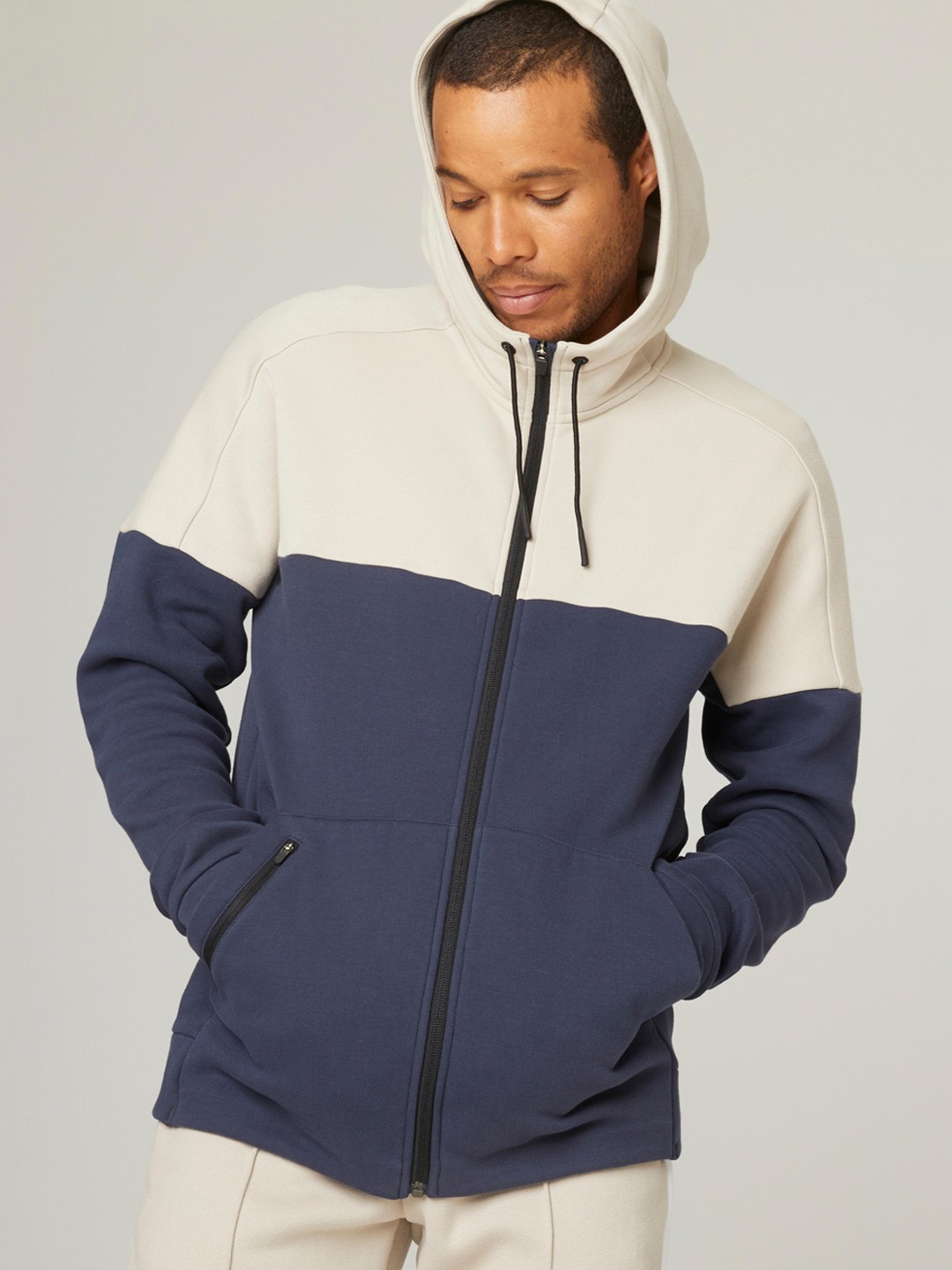 

NYAMBA By Decathlon Men Blue Beige Colourblocked Pilates Bomber Jacket