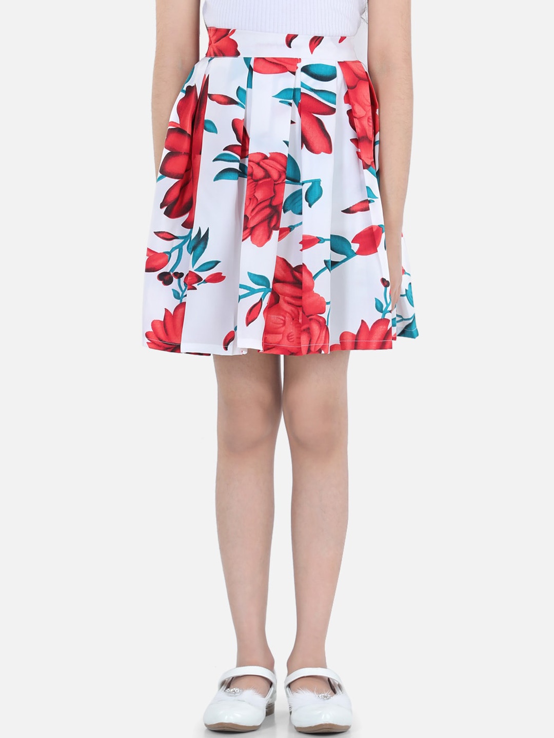 

Cutiekins Girls White & Red Printed Flared Knee-Length Skirt