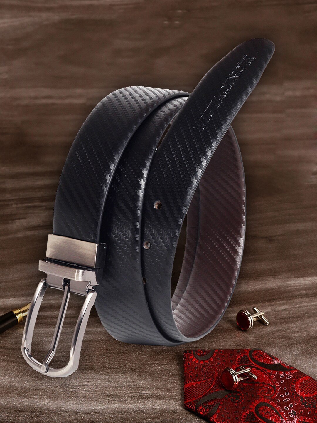 

MUTAQINOTI Men Black Leather Formal Reversible Belt