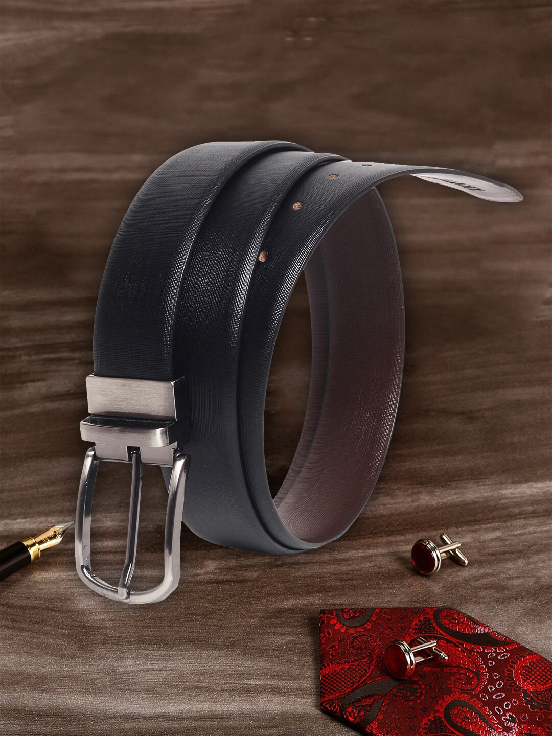 

MUTAQINOTI Men Black Leather Formal Reversible Belt