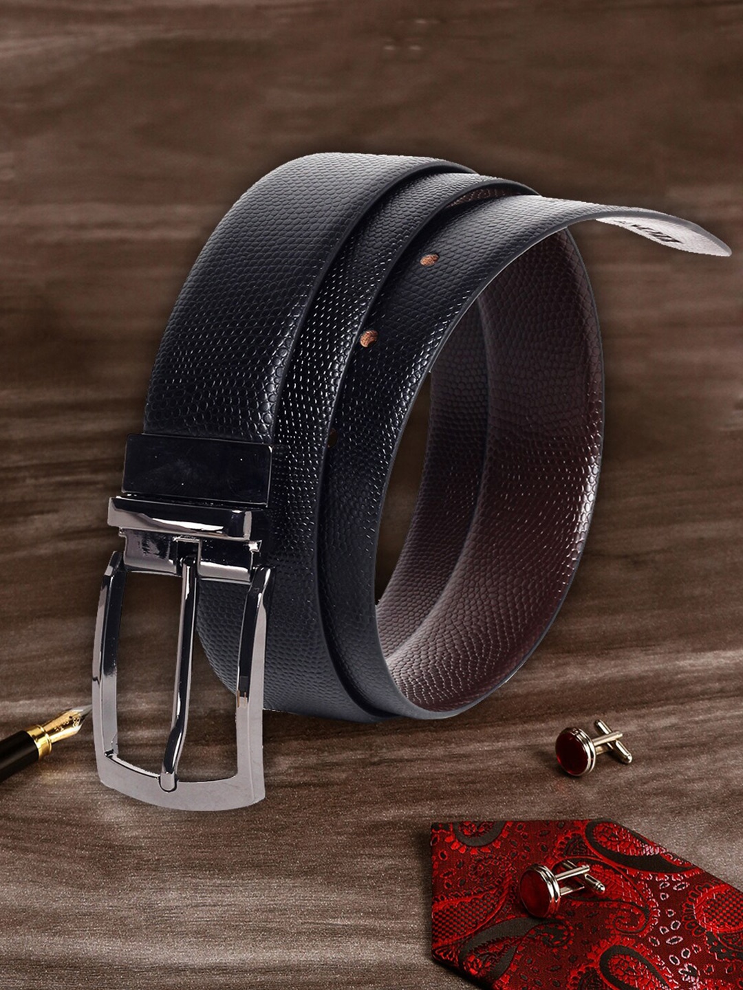 

MUTAQINOTI Men Black Leather Formal Reversible Belt