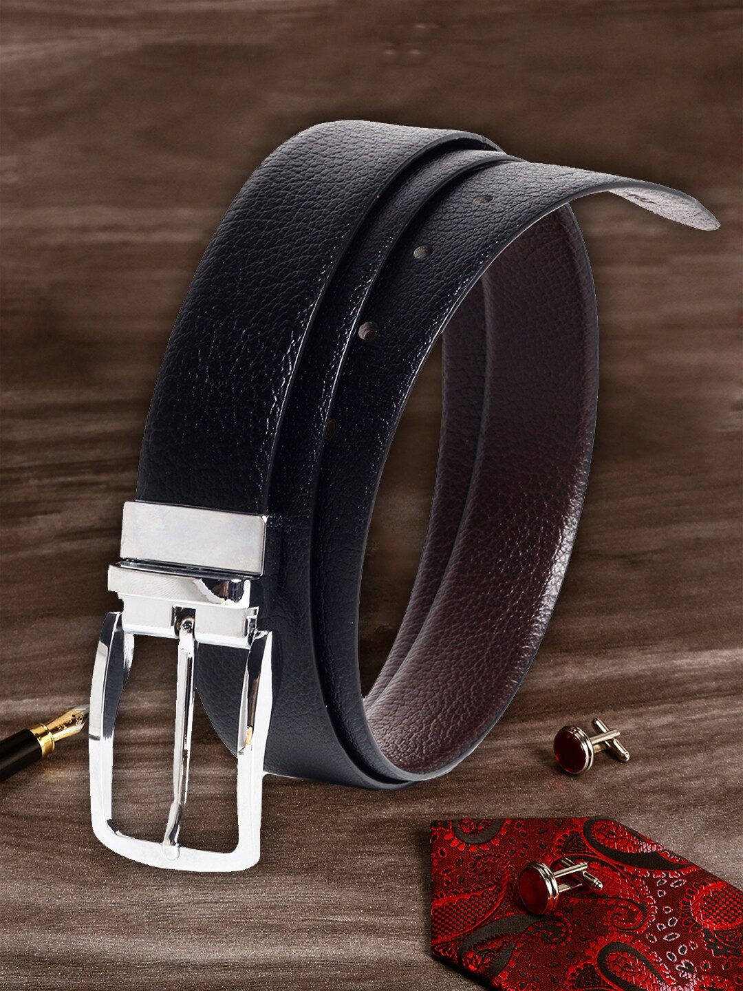 

MUTAQINOTI Men Black Reversible Leather Formal Belt