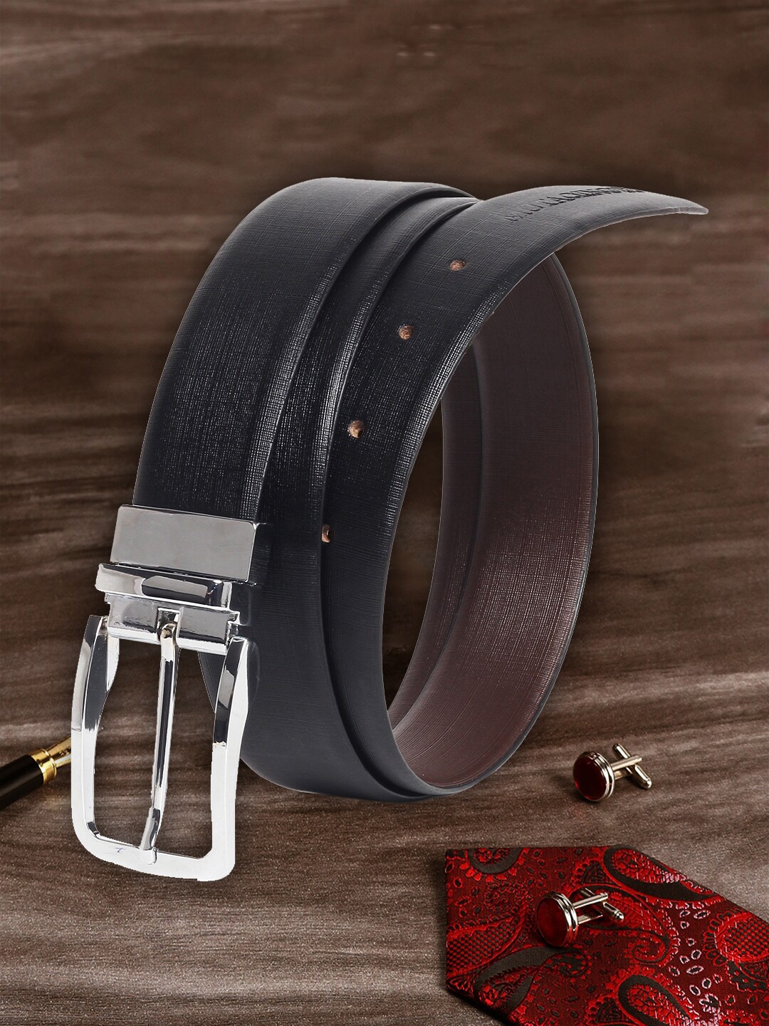 

MUTAQINOTI Men Black & Brown Solid Reversible Leather Belt