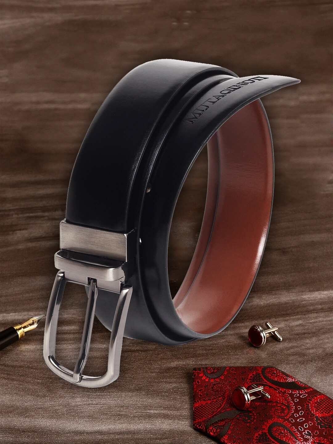 

MUTAQINOTI Men Black Leather Formal Reversible Belt