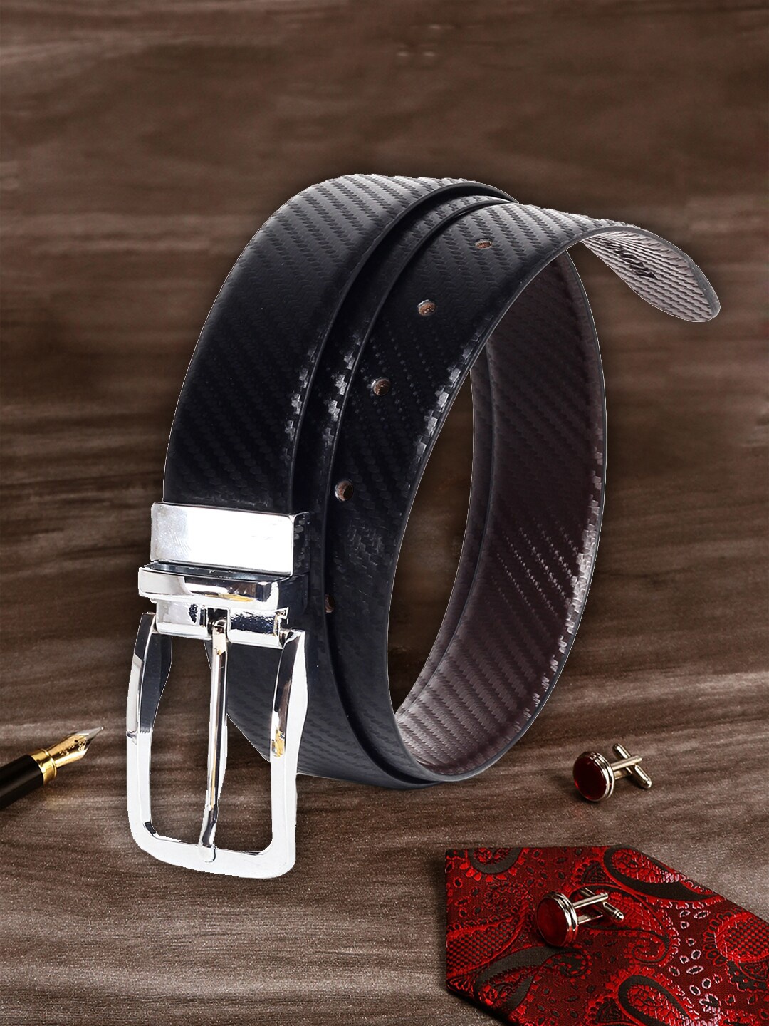 

MUTAQINOTI Men Black & Brown Textured Reversible Leather Belt