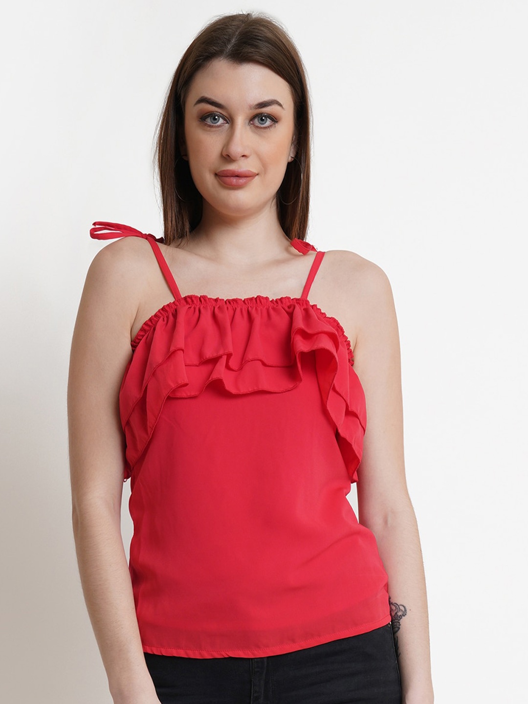 

DODO & MOA Women Red Solid Top with Frills