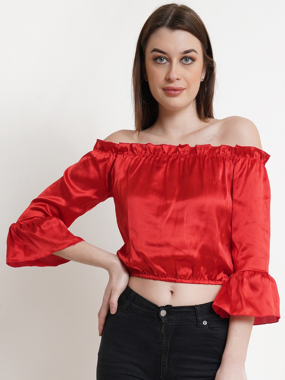 

DODO & MOA Red Solid Off-Shoulder Bardot Top