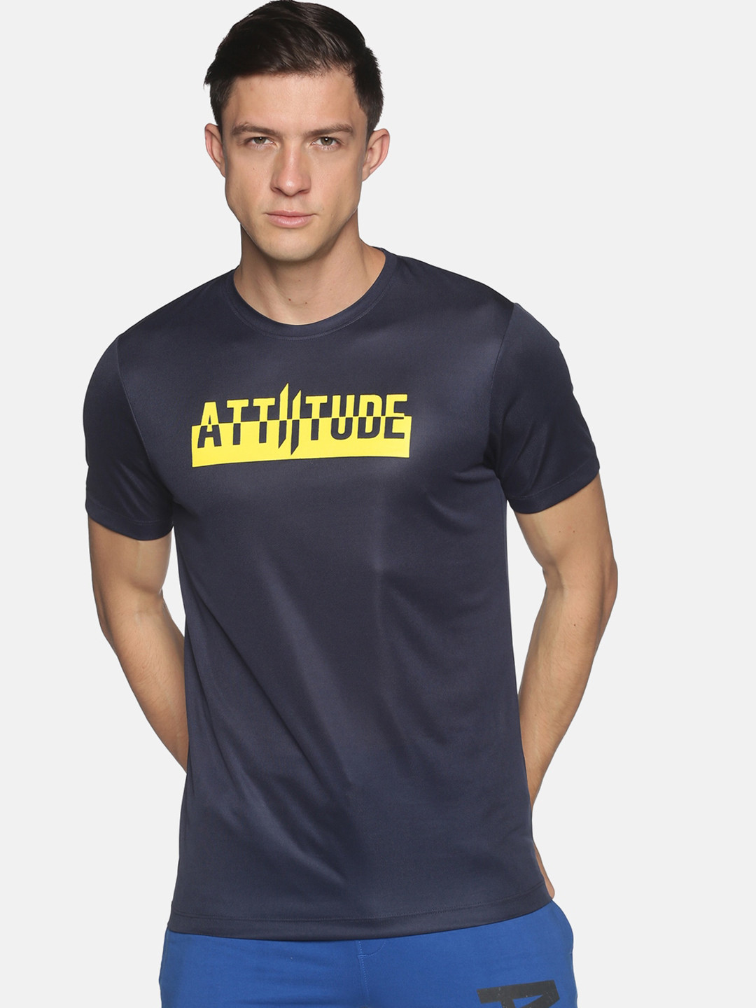 

ATTIITUDE Men Navy Blue & Yellow Typography Printed Slim Fit T-shirt