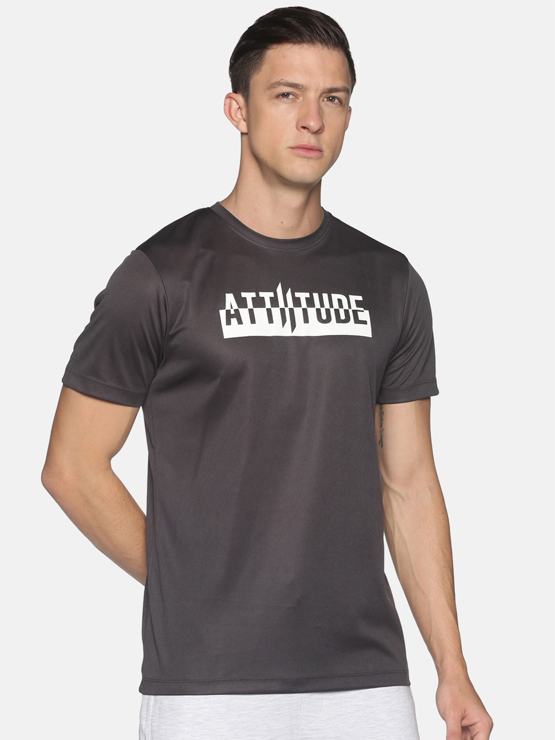 

ATTIITUDE Men Charcoal & White Typography Printed Slim Fit T-shirt