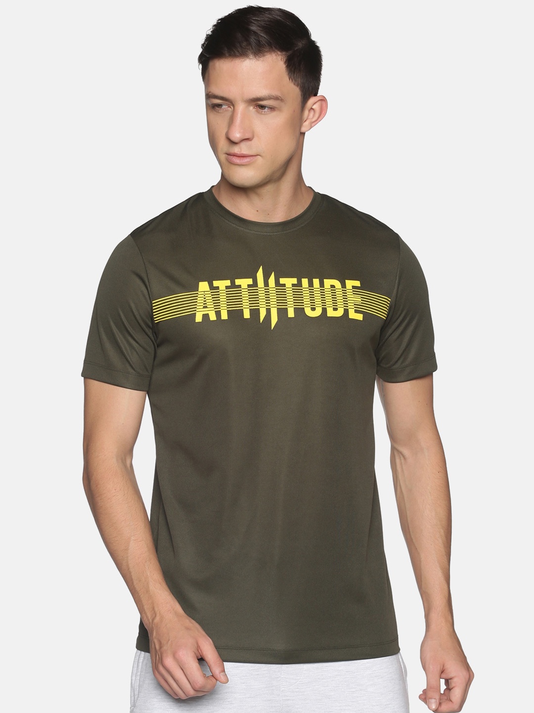 

ATTIITUDE Men Olive Green & Yellow Typography Printed Slim Fit T-shirt