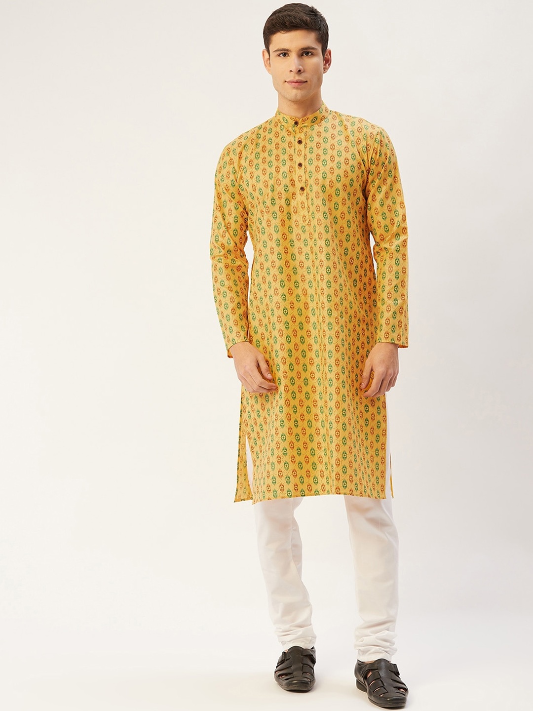 

Jompers Men Mustard Yellow Printed Kurta with Churidar
