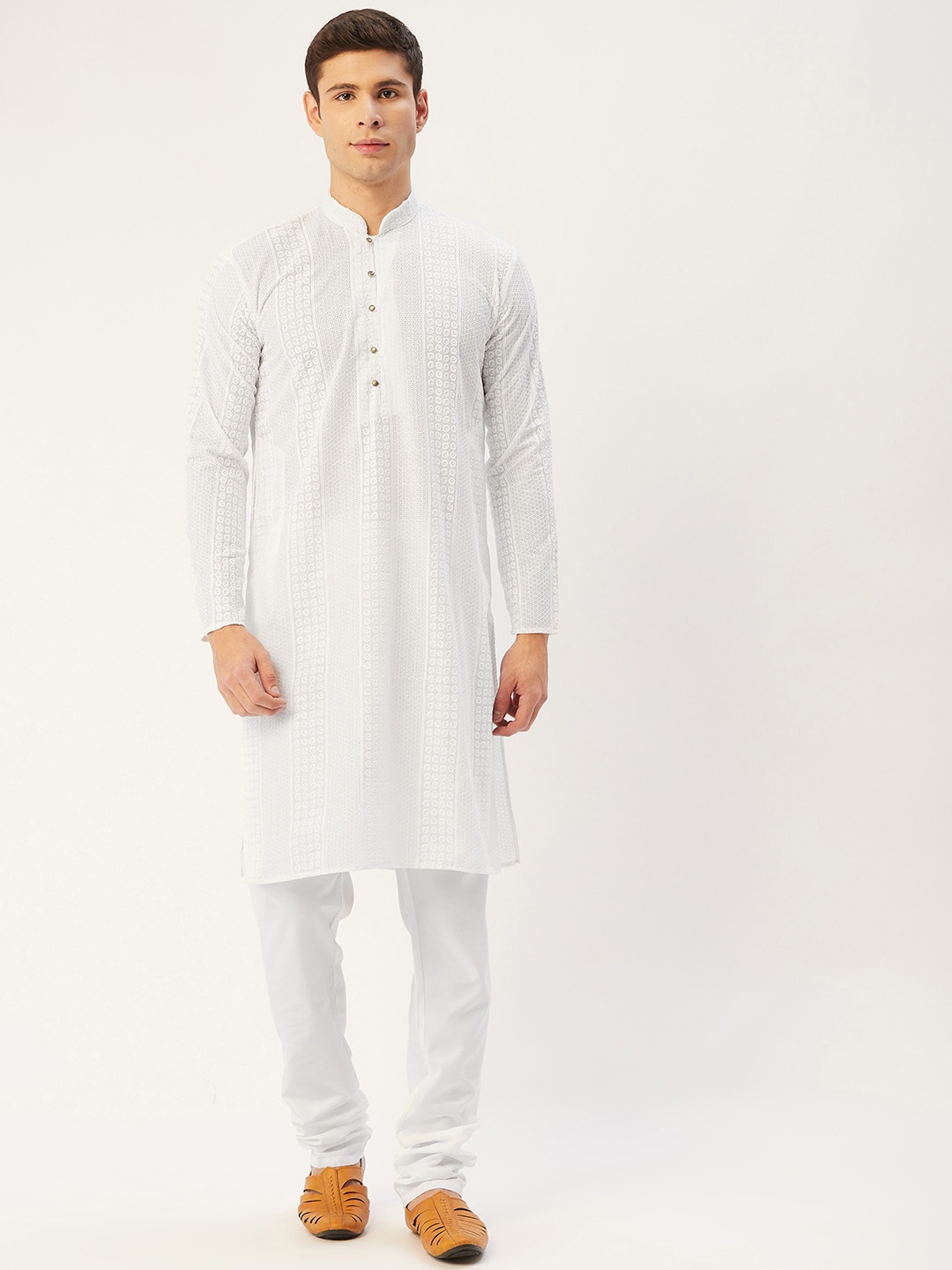 

Jompers Men White Ethnic Motifs Chikankari Pure Cotton Kurta with Churidar