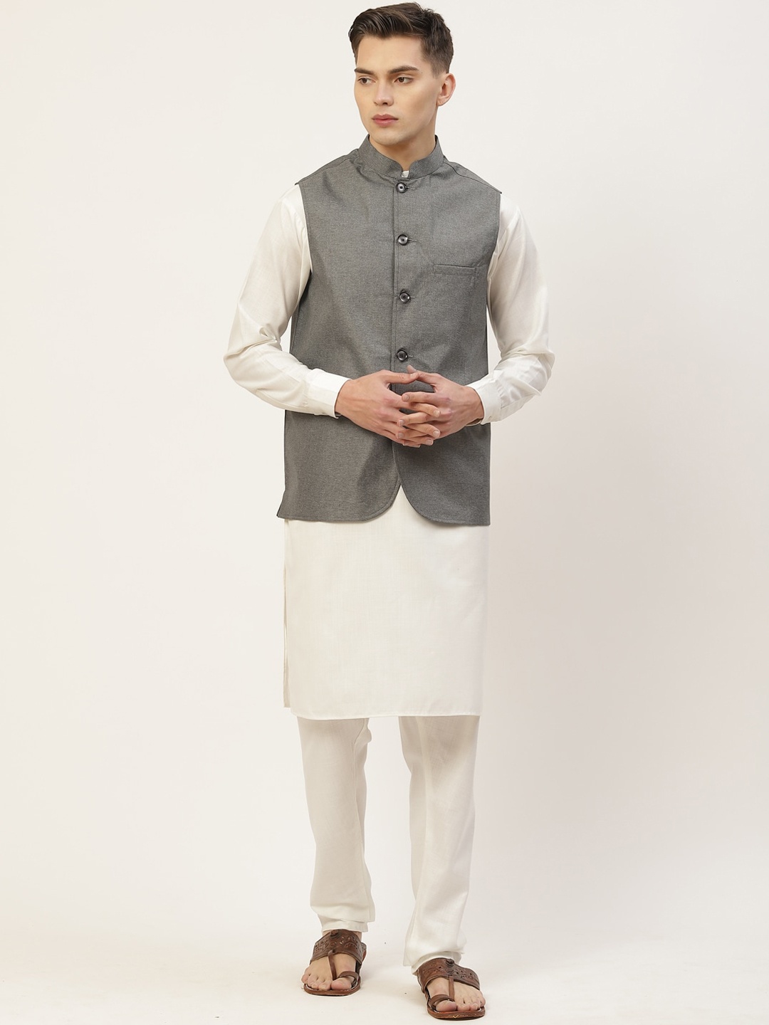 

Jompers Men Charcoal Layered Kurta with Pyjamas With Nehru Jacket