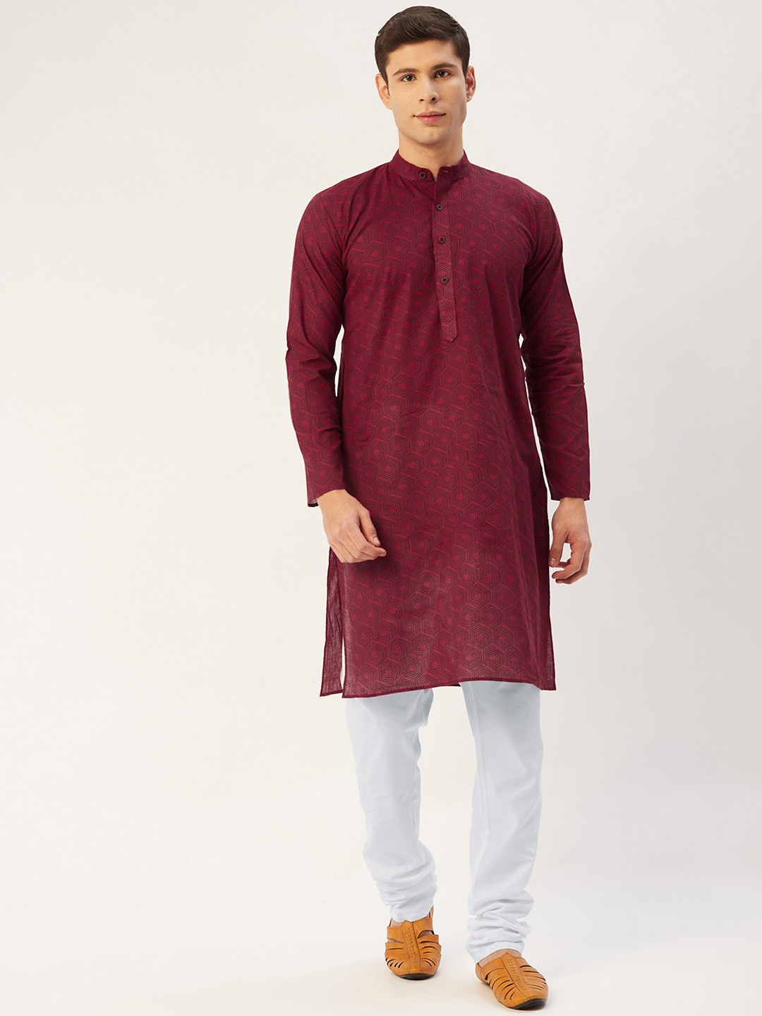 

Jompers Men Maroon & White Printed Pure Cotton Kurta with Churidar