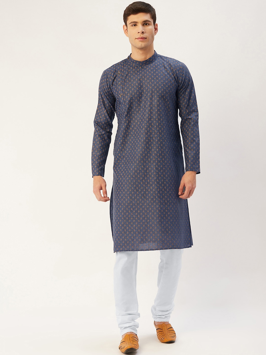

Jompers Men Navy Blue Angrakha Woven Design Kurta with Pyjamas