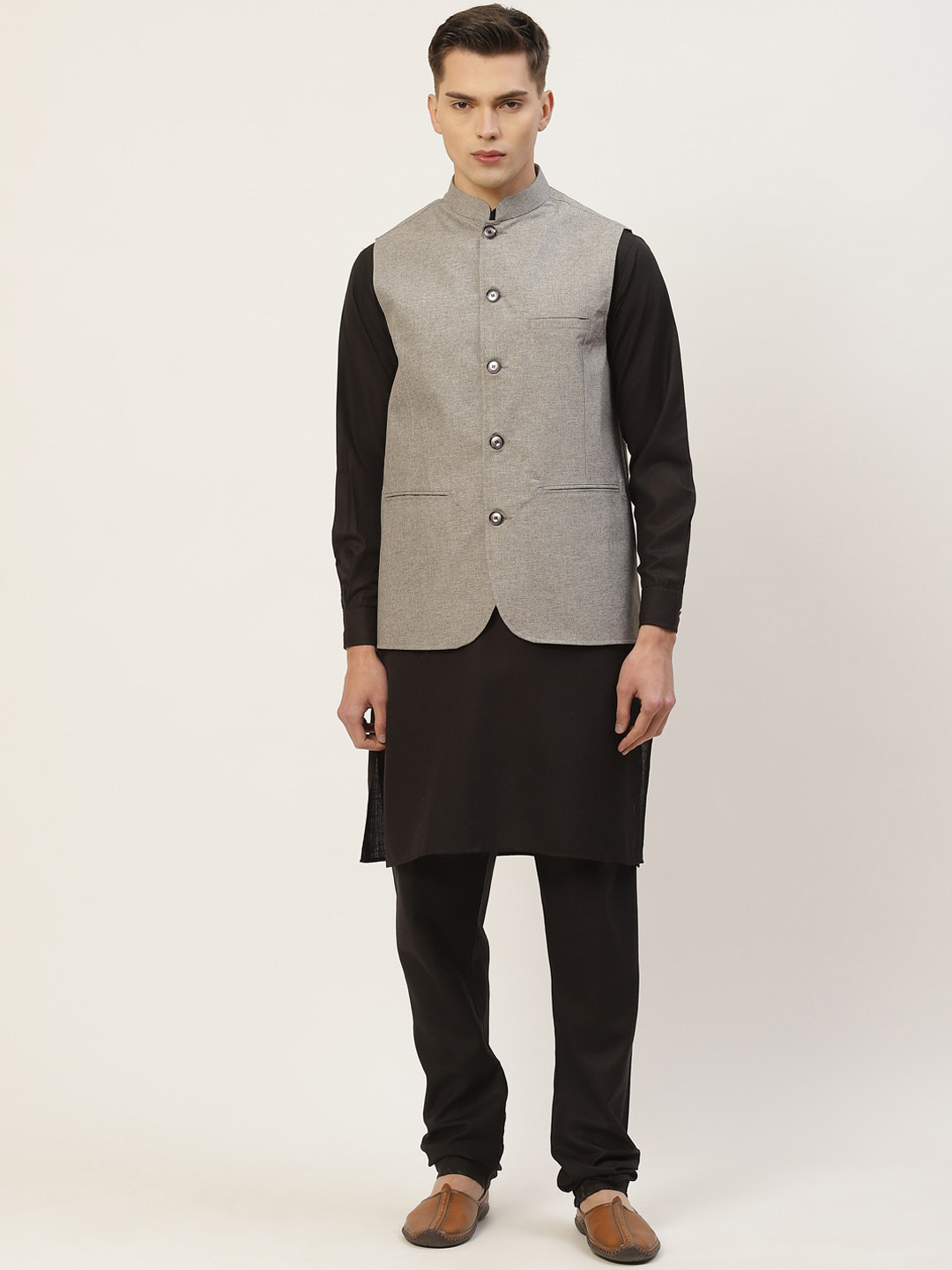 

Jompers Men Black Kurta with Churidar With Nehru Jacket