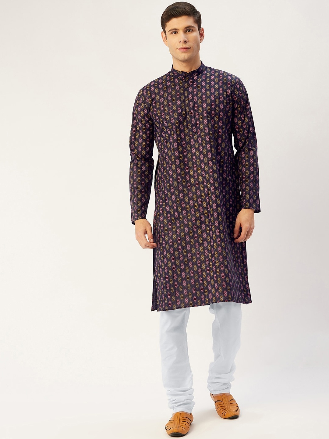 

Jompers Men Navy Blue Ethnic Motifs Angrakha Kurta with Pyjamas