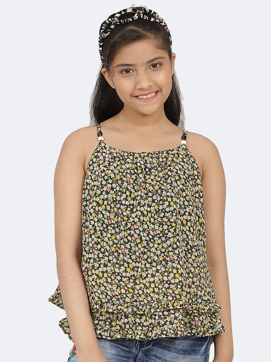 

CACA CINA Black & Yellow Floral Print Layered Georgette Top