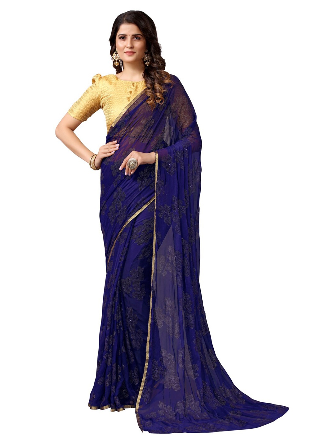 

KALINI Navy Blue & Gold-Toned Mukaish Work Saree