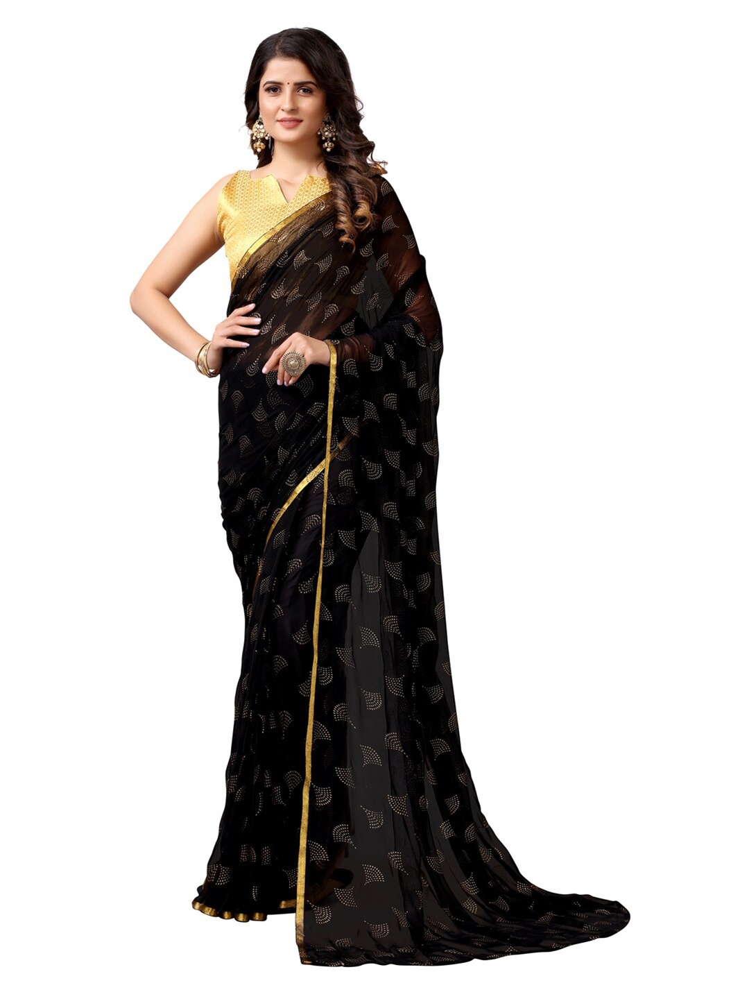 

KALINI Black & Gold-Toned Mukaish Saree