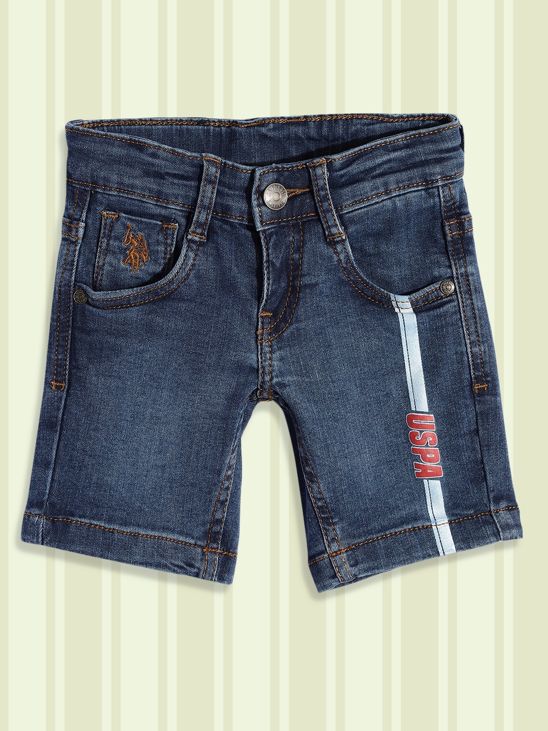 

U.S. Polo Assn. Kids Boys Navy Blue Typography Printed Denim Shorts