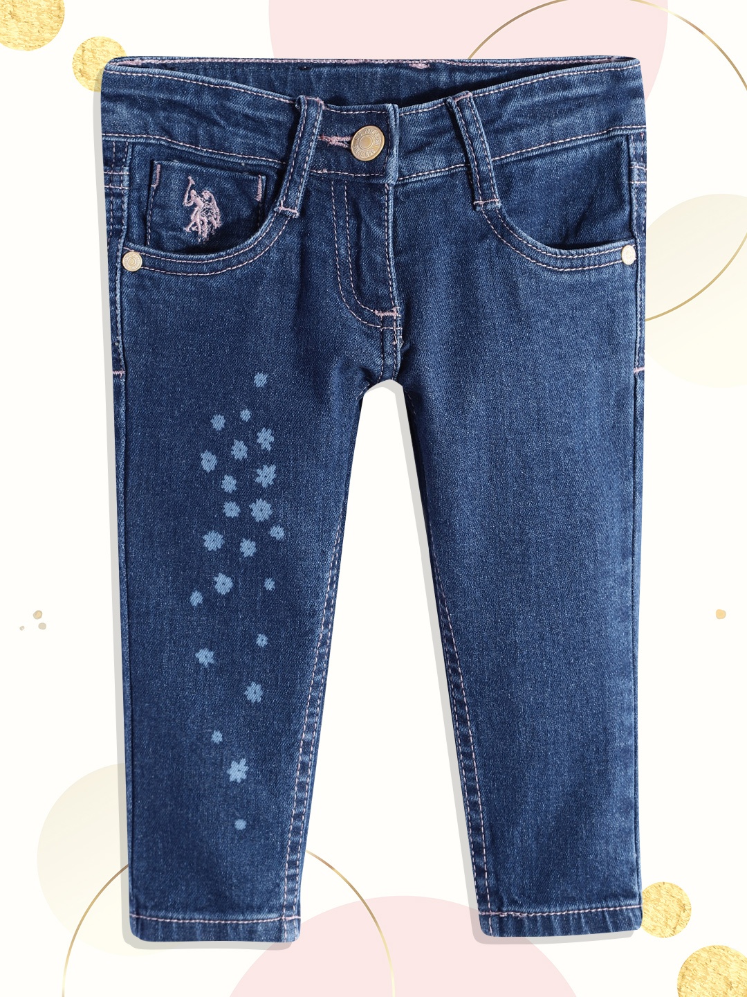 

U.S. Polo Assn. Kids Girls Blue Printed Regular Fit Printed Stretchable Jeans