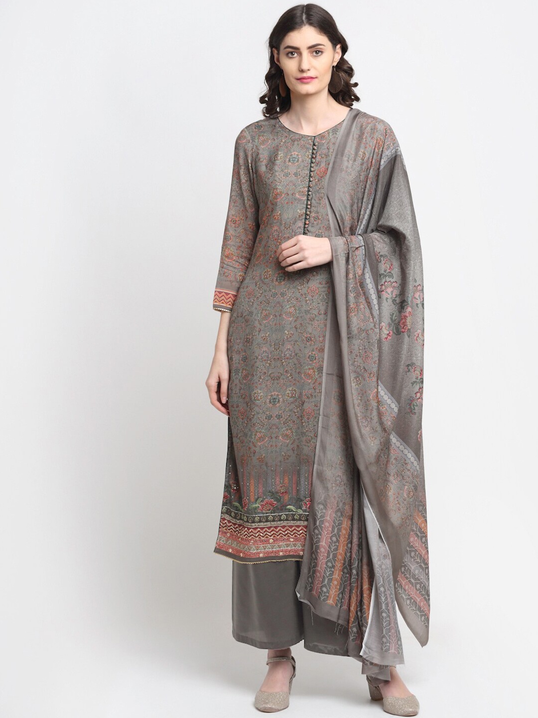 

Stylee LIFESTYLE Grey & Red Printed Pure Silk Unstitched Dress Material