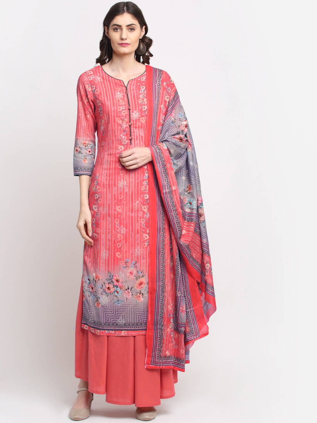 

Stylee LIFESTYLE Coral & Grey Printed Pure Cotton Unstitched Dress Material