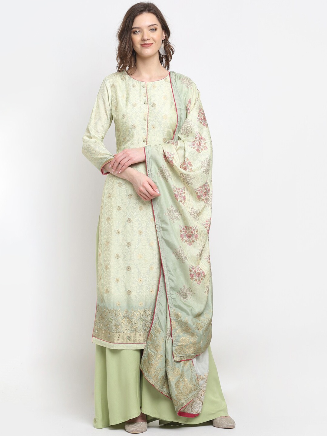 

Stylee LIFESTYLE Green & Cream-Coloured Printed Unstitched Dress Material