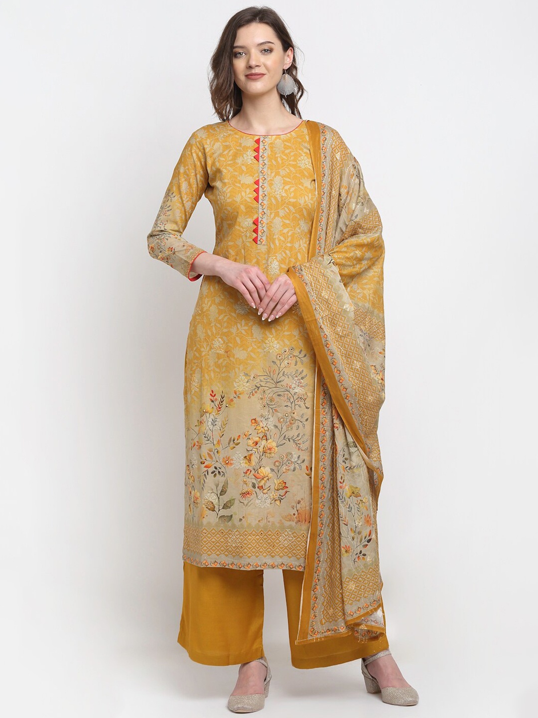 

Stylee LIFESTYLE Yellow & Grey Floral Printed Pure Cotton Unstitched Dress Material