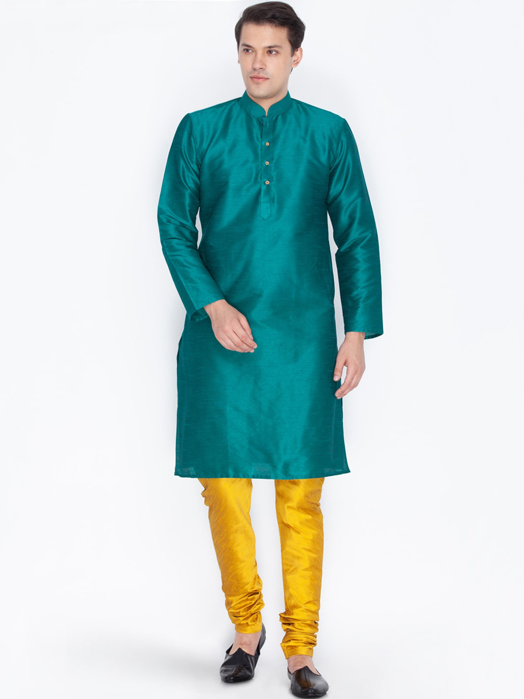 

VASTRAMAY Men Teal & Yellow Solid Kurta with Churidar