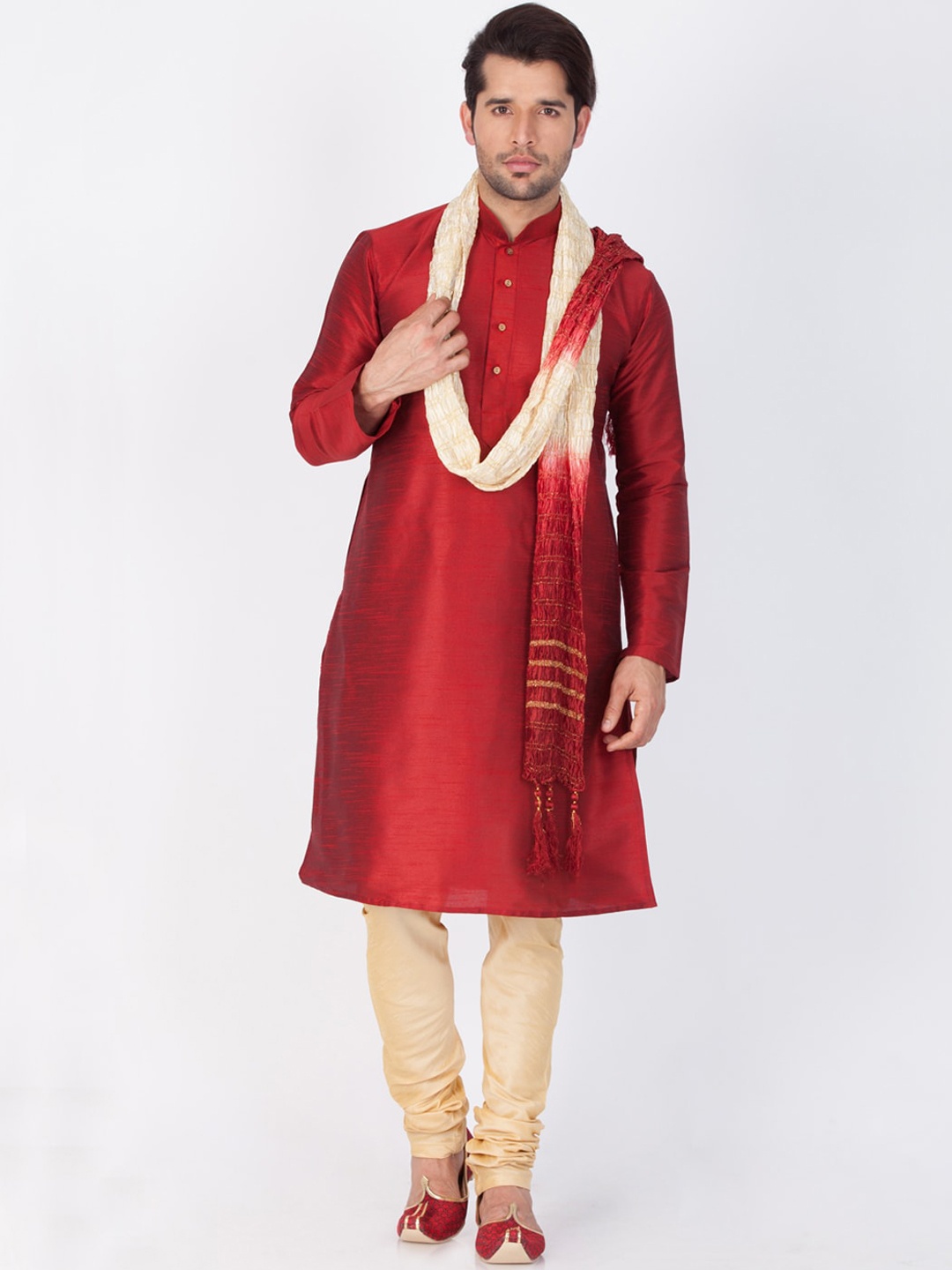 

VASTRAMAY Men Maroon Kurta with Trousers & With Dupatta