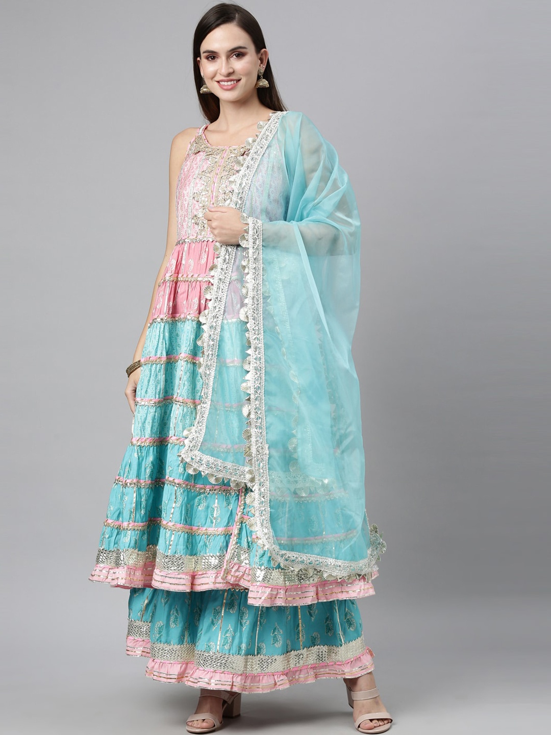 

Neerus Women Turquoise Blue Printed Pleated Gotta Patti Kurta with Sharara & With Dupatta